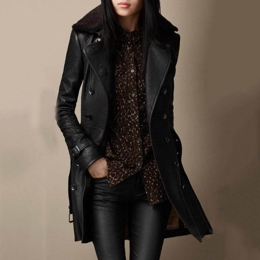 Camila Women's Double-Breasted Shearling-Collar Soft-Touch Trench Coat - Nora & Rose Maine