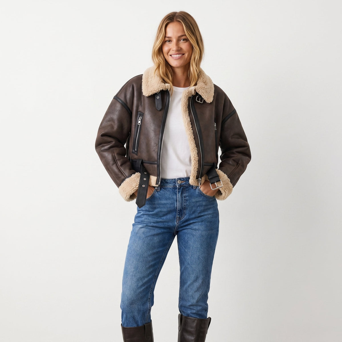 Isabella Women's Double-Sided Shearling Bomber Jacket - Nora & Rose Maine, view 5