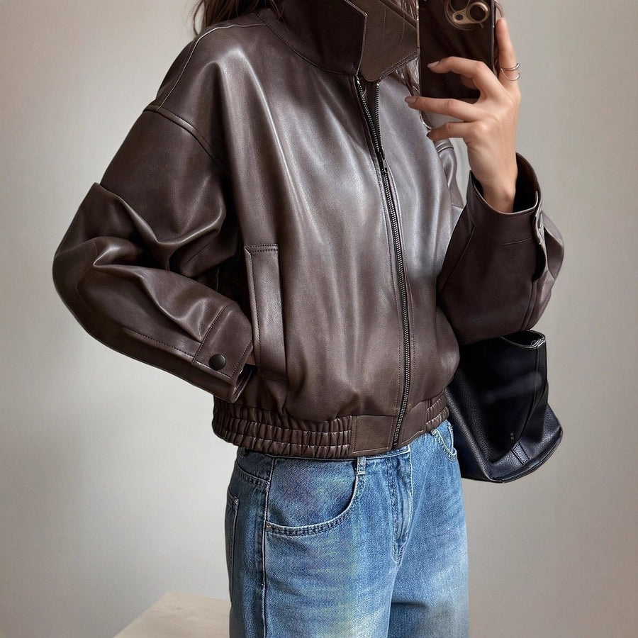 Victoria Women's Faux Leather Bomber Jacket Zip-Up Long Sleeve - Nora & Rose Maine