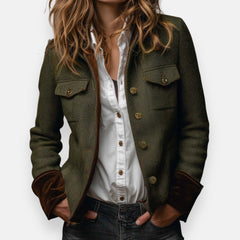 Victoria Women's Herringbone Textured Military-Style Jacket Gold Button - Nora & Rose Maine