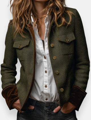 Victoria Women's Herringbone Textured Military-Style Jacket Gold Button - Nora & Rose Maine
