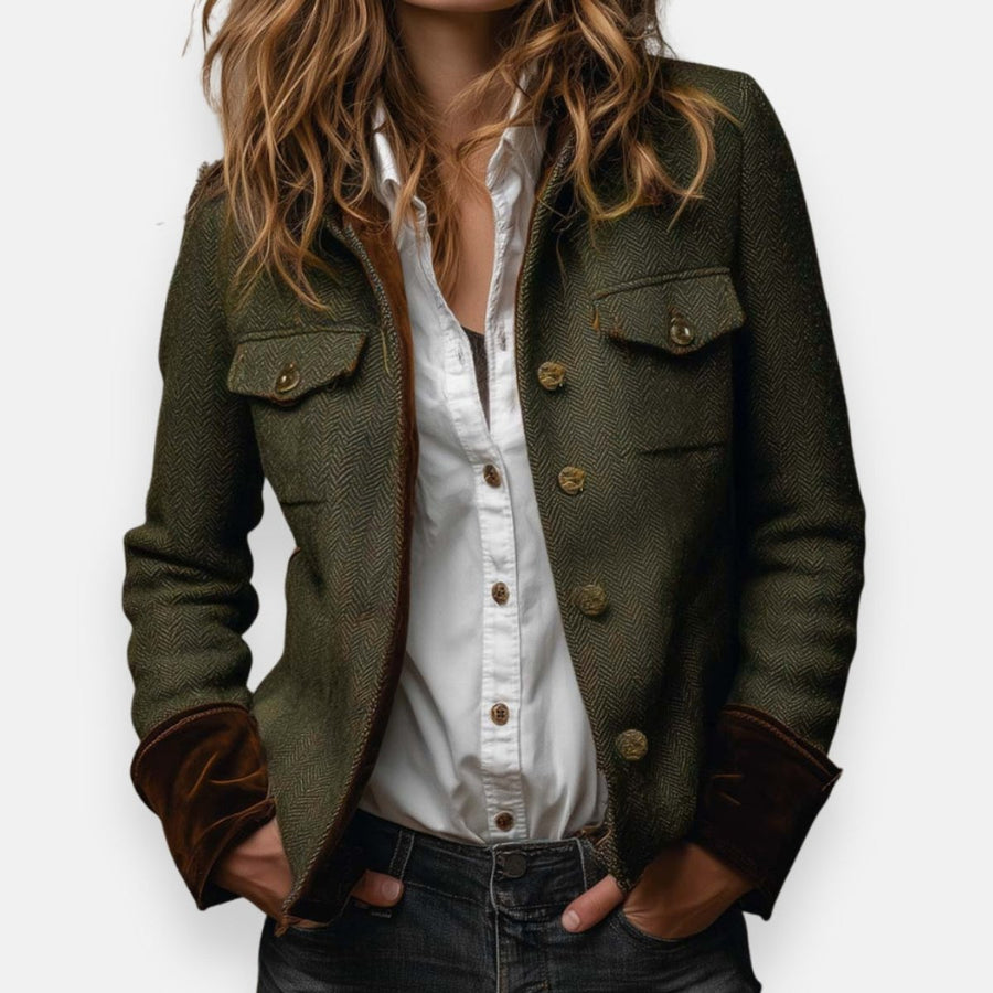 Victoria Women's Herringbone Textured Military-Style Jacket Gold Button - Nora & Rose Maine