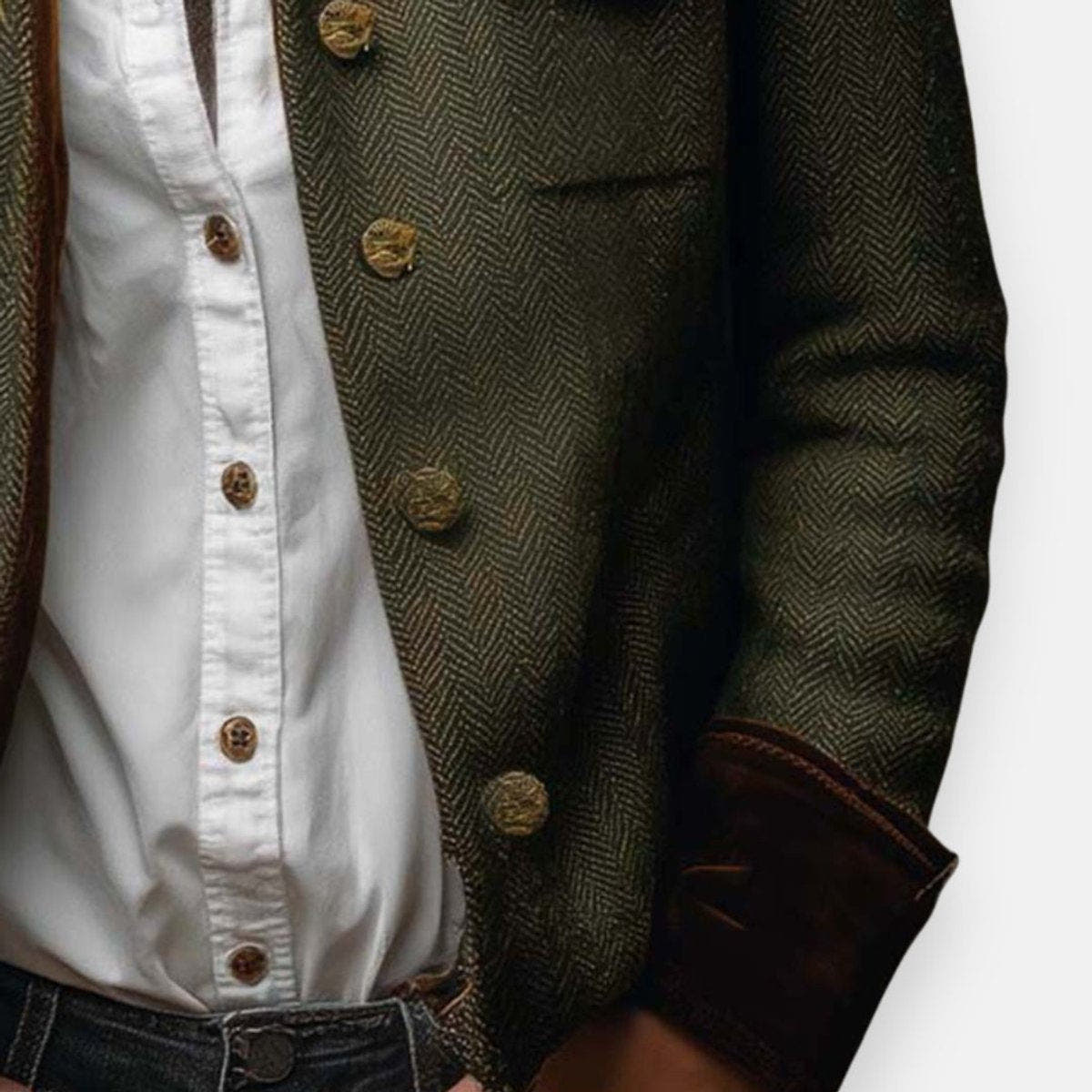 Victoria Women's Herringbone Textured Military-Style Jacket Gold Button - Nora & Rose Maine, view 3