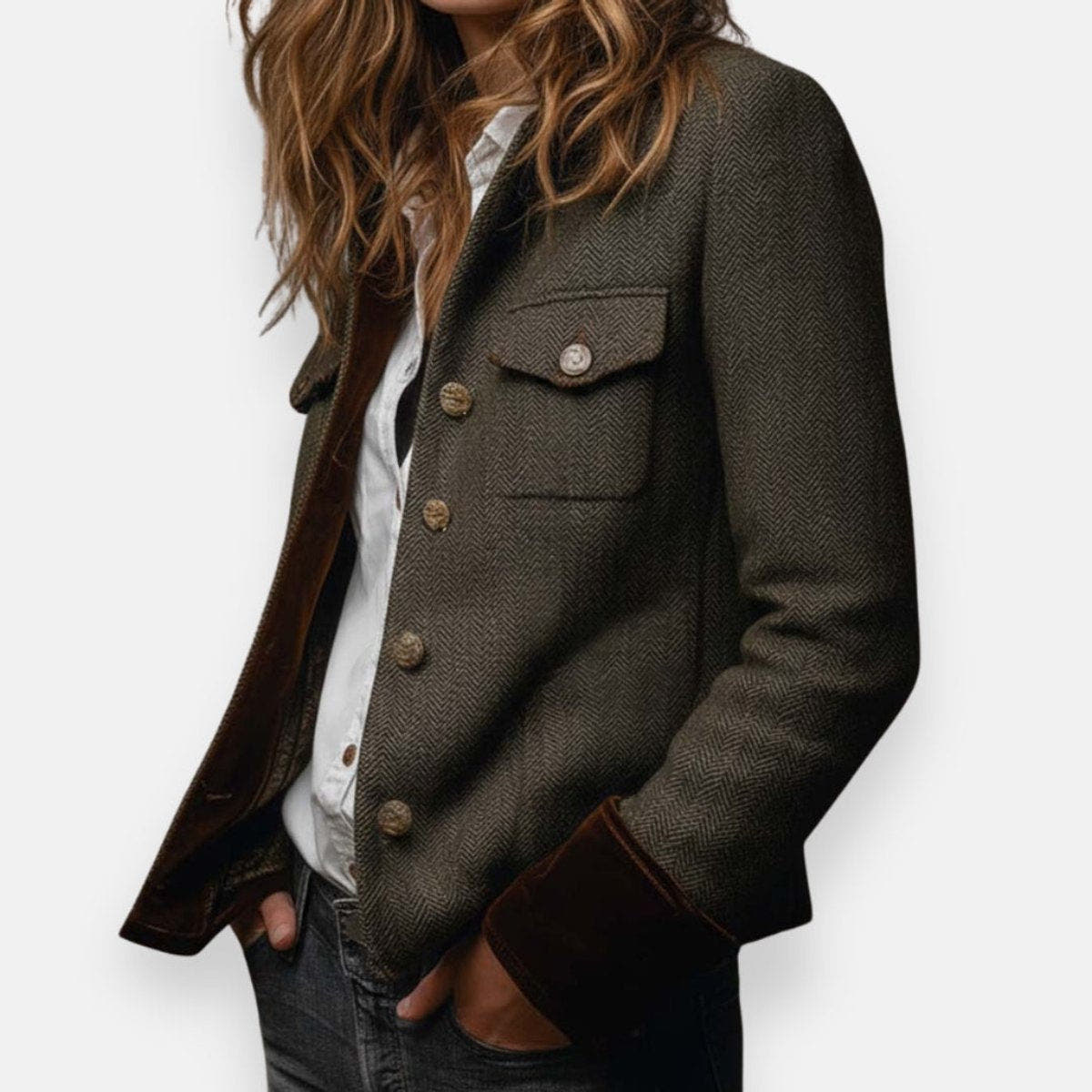 Victoria Women's Herringbone Textured Military-Style Jacket Gold Button - Nora & Rose Maine, view 4