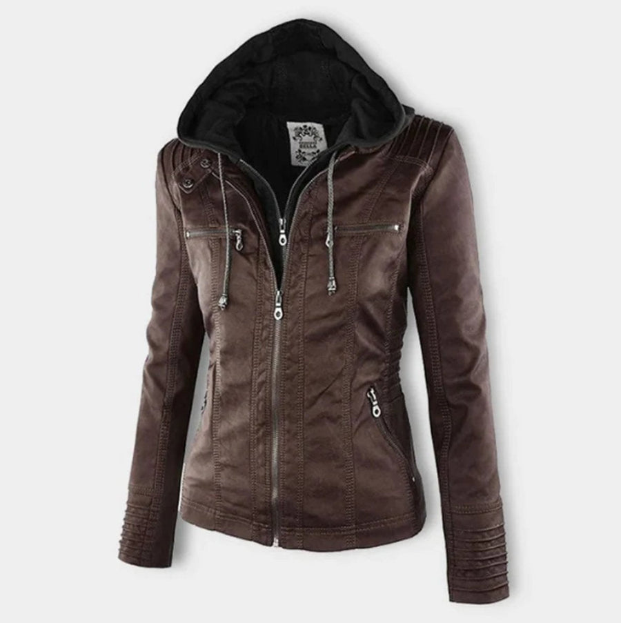 Victoria Women's Hooded Faux Leather Moto Jacket Zip-Up - Nora & Rose Maine