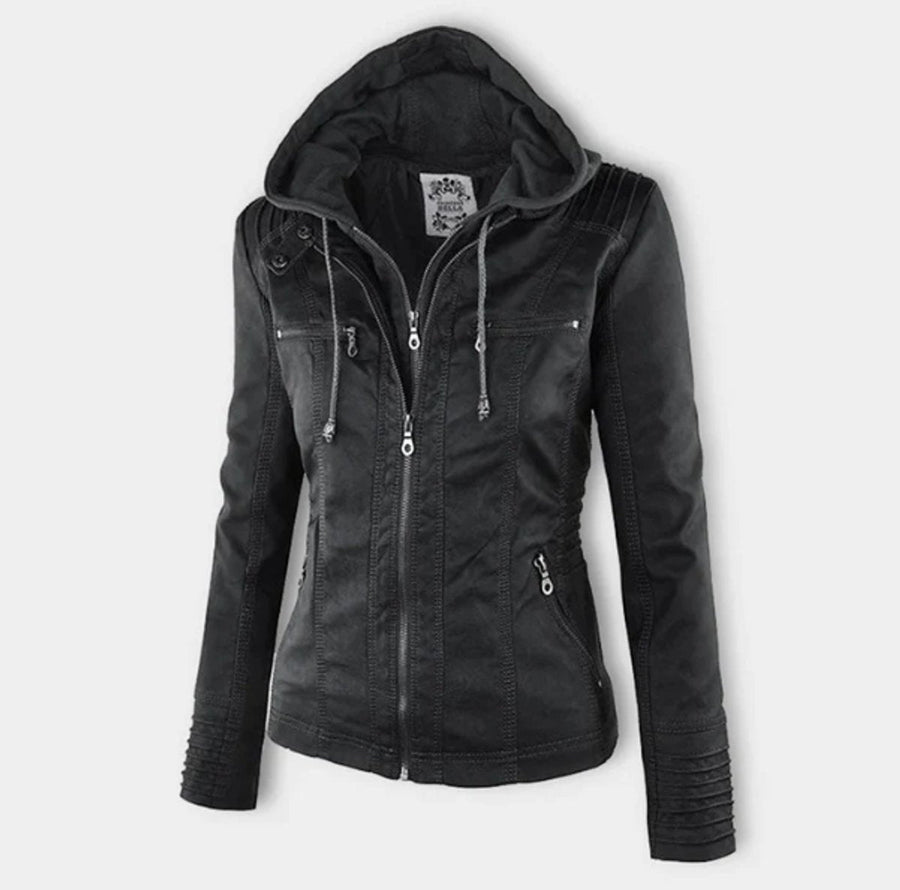 Victoria Women's Hooded Faux Leather Moto Jacket Zip-Up - Nora & Rose Maine, view 2