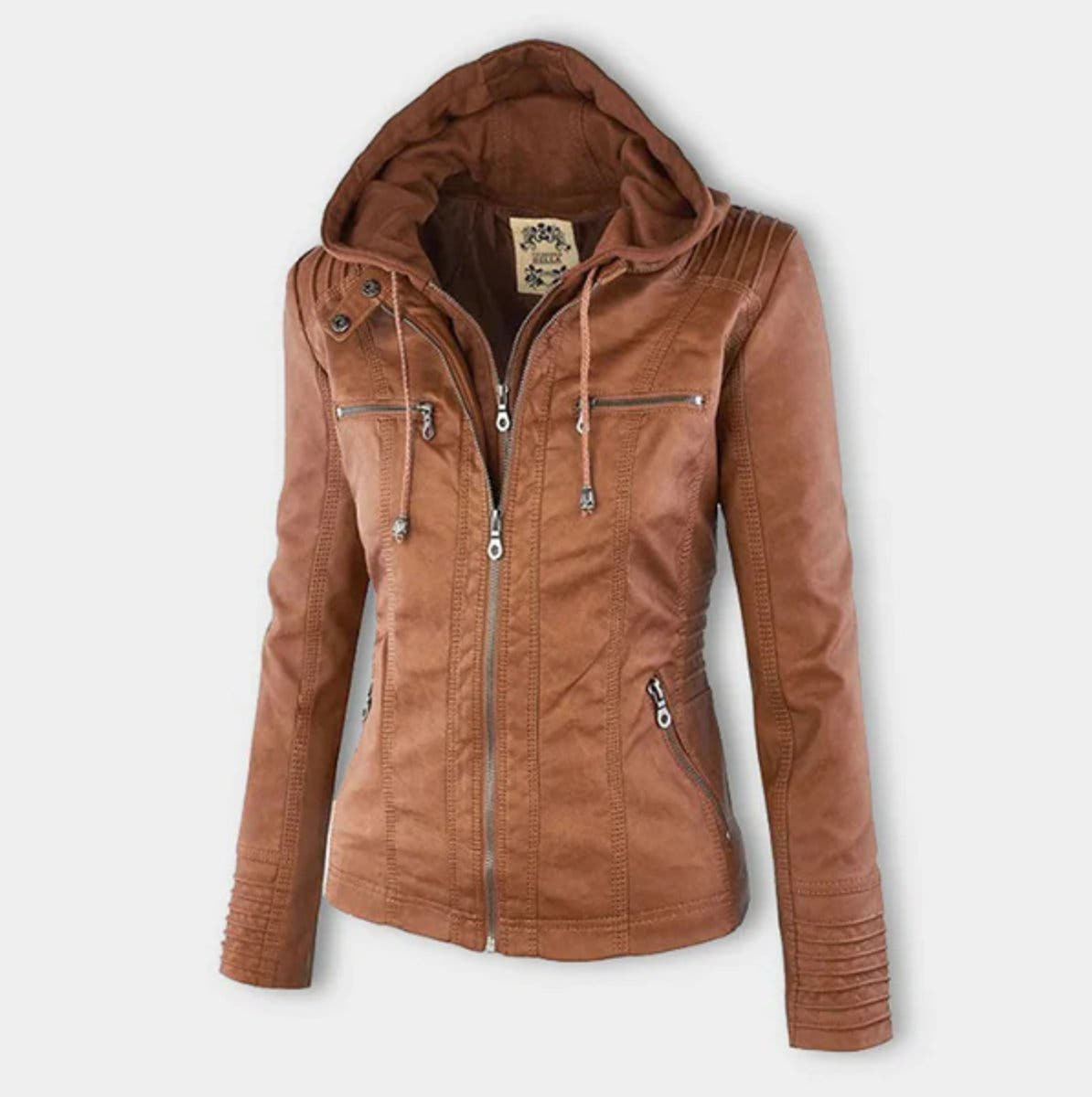Victoria Women's Hooded Faux Leather Moto Jacket Zip-Up - Nora & Rose Maine, view 3
