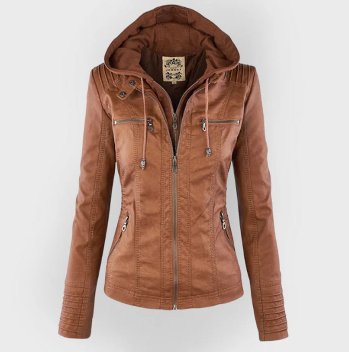 Victoria Women's Hooded Faux Leather Moto Jacket Zip-Up - Nora & Rose Maine, view 4