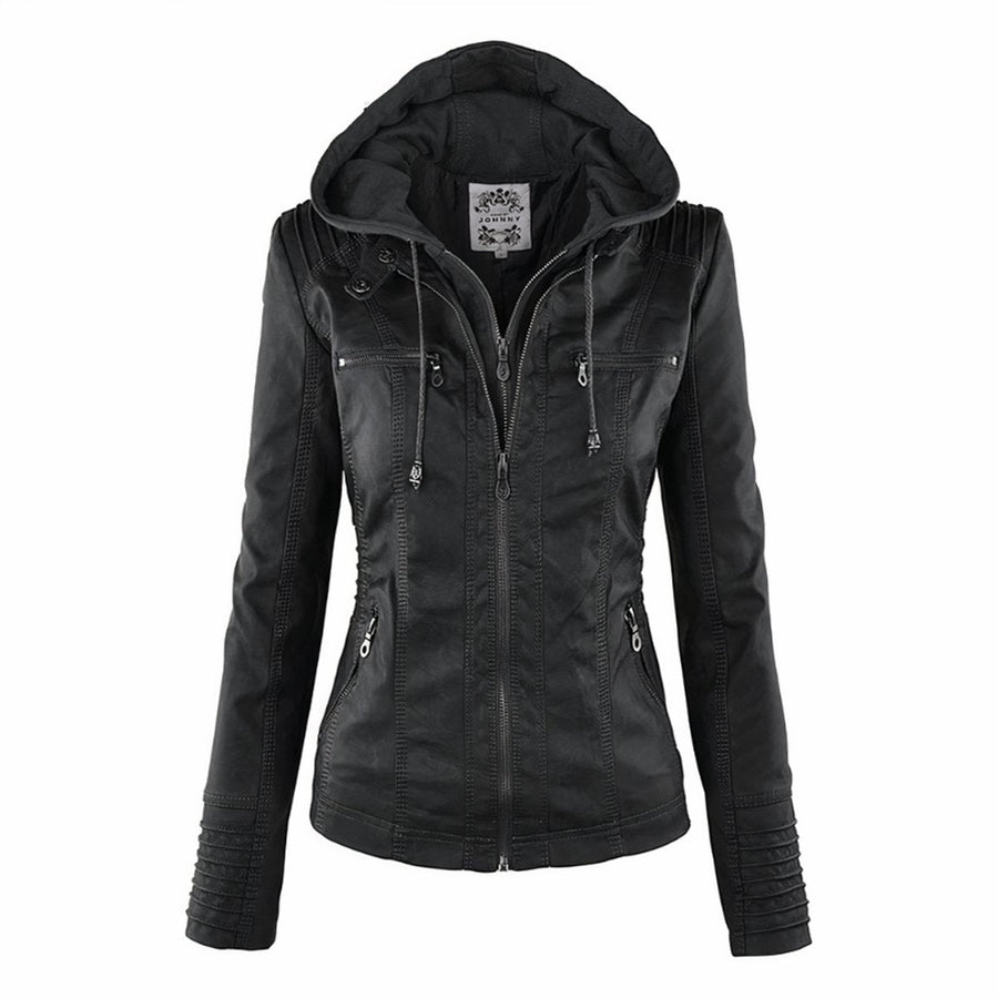 Amelia Women's Hooded Moto Faux Leather Jacket Removable Hood - Nora & Rose Maine, view 2