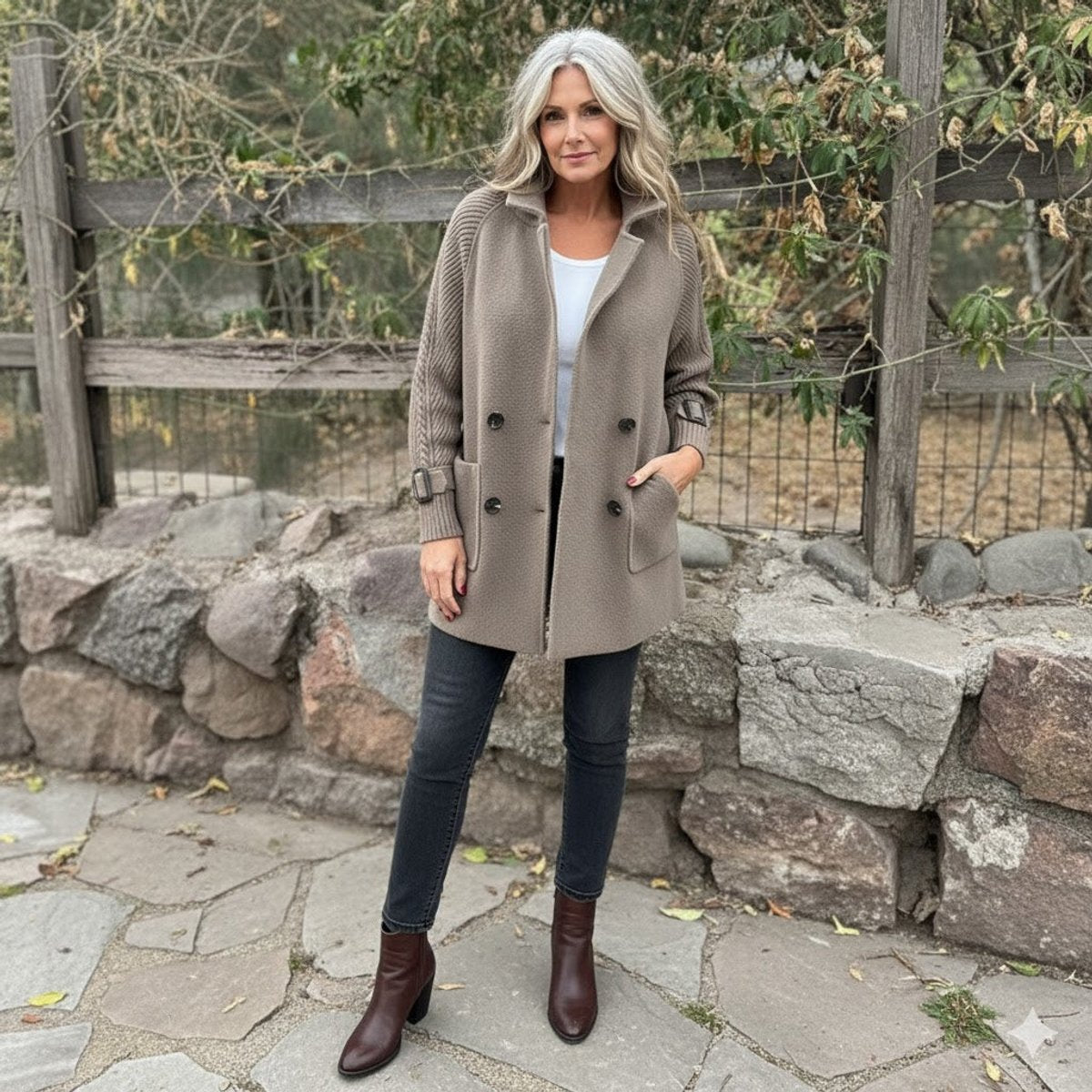 Olivia Women's Jacket Double-Breasted Cable-Knit Sleeve Coat - Nora & Rose Maine