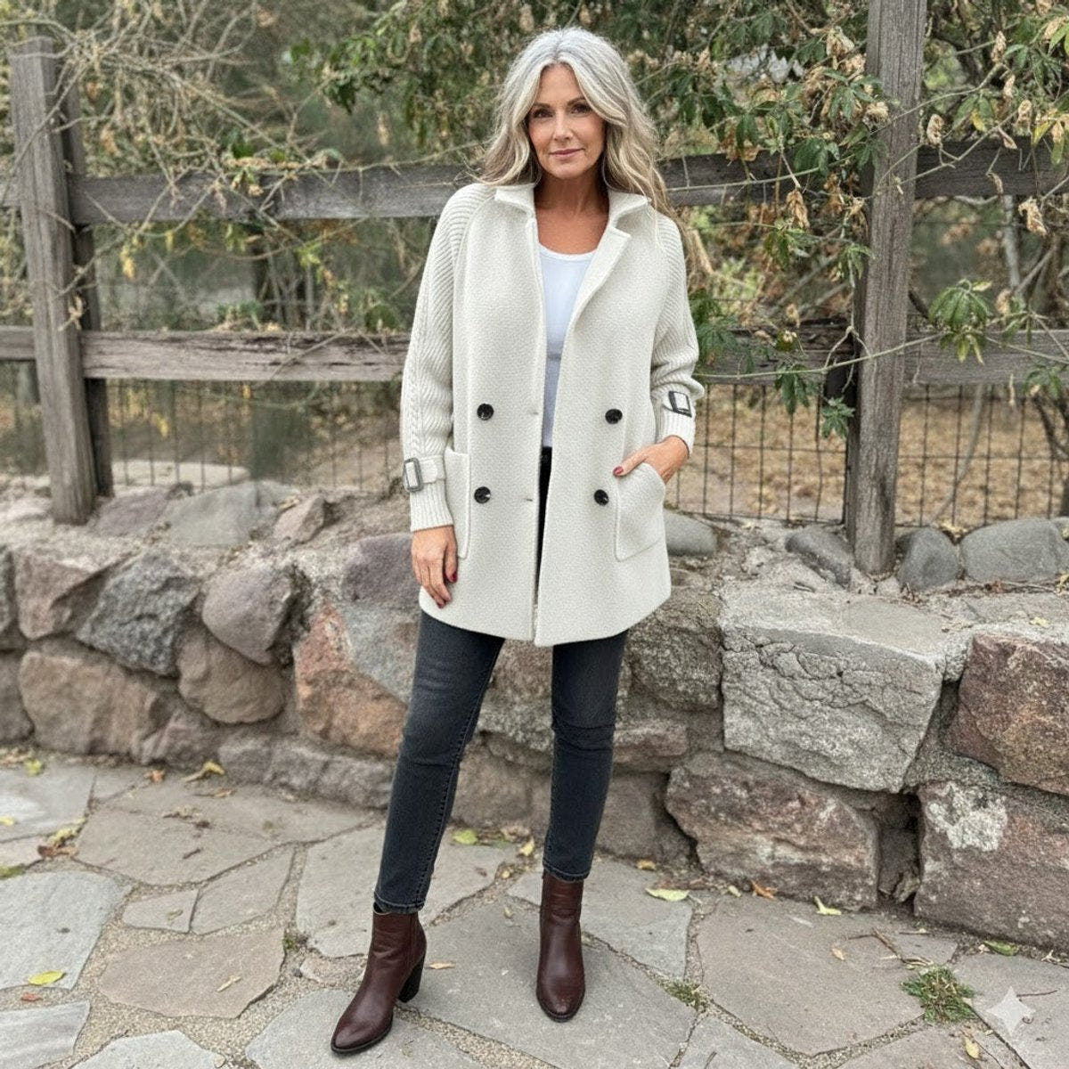 Olivia Women's Jacket Double-Breasted Cable-Knit Sleeve Coat - Nora & Rose Maine, view 6