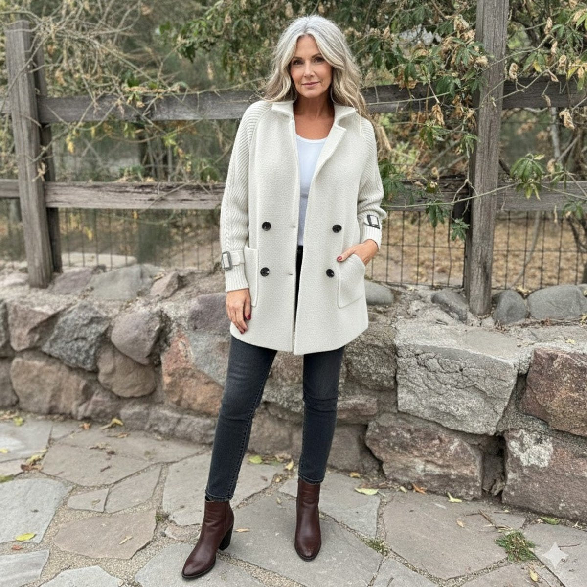 Olivia Women's Jacket Double-Breasted Cable-Knit Sleeve Coat - Nora & Rose Maine, view 6
