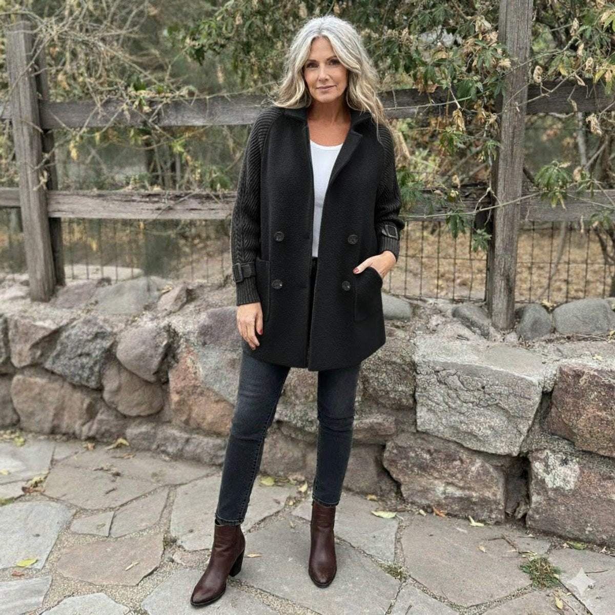 Olivia Women's Jacket Double-Breasted Cable-Knit Sleeve Coat - Nora & Rose Maine, view 8
