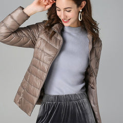 Eleanor Women's Lightweight Quilted Puffer Coat Stand Collar Zip-Up Jacket - Nora & Rose Maine, view 11