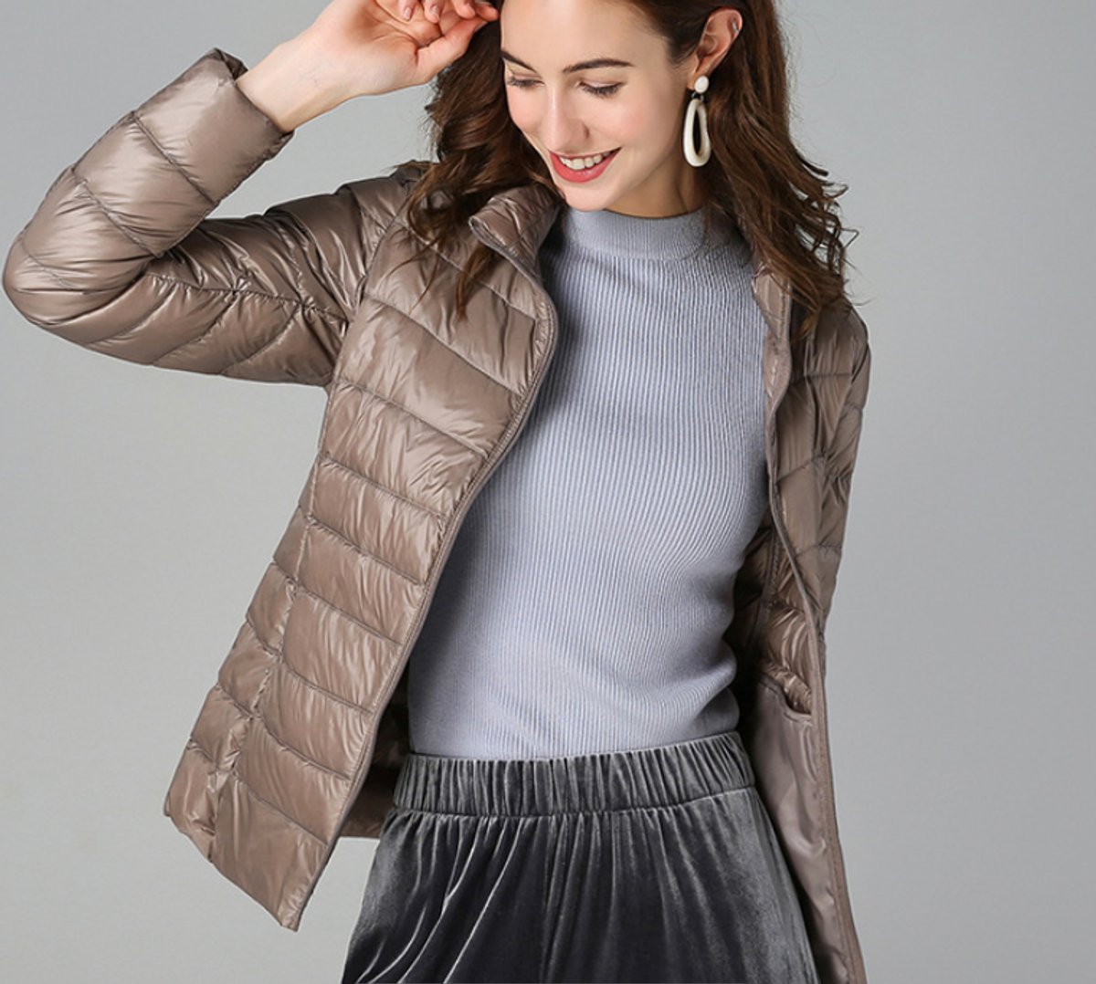 Eleanor Women's Lightweight Quilted Puffer Coat Stand Collar Zip-Up Jacket - Nora & Rose Maine, view 11
