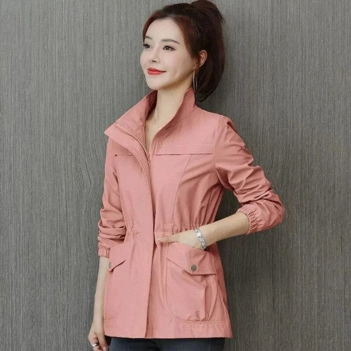 Eleanor Women's Lightweight Zip-Up Short Bomber Jacket Drawstring Waist - Nora & Rose Maine, view 5