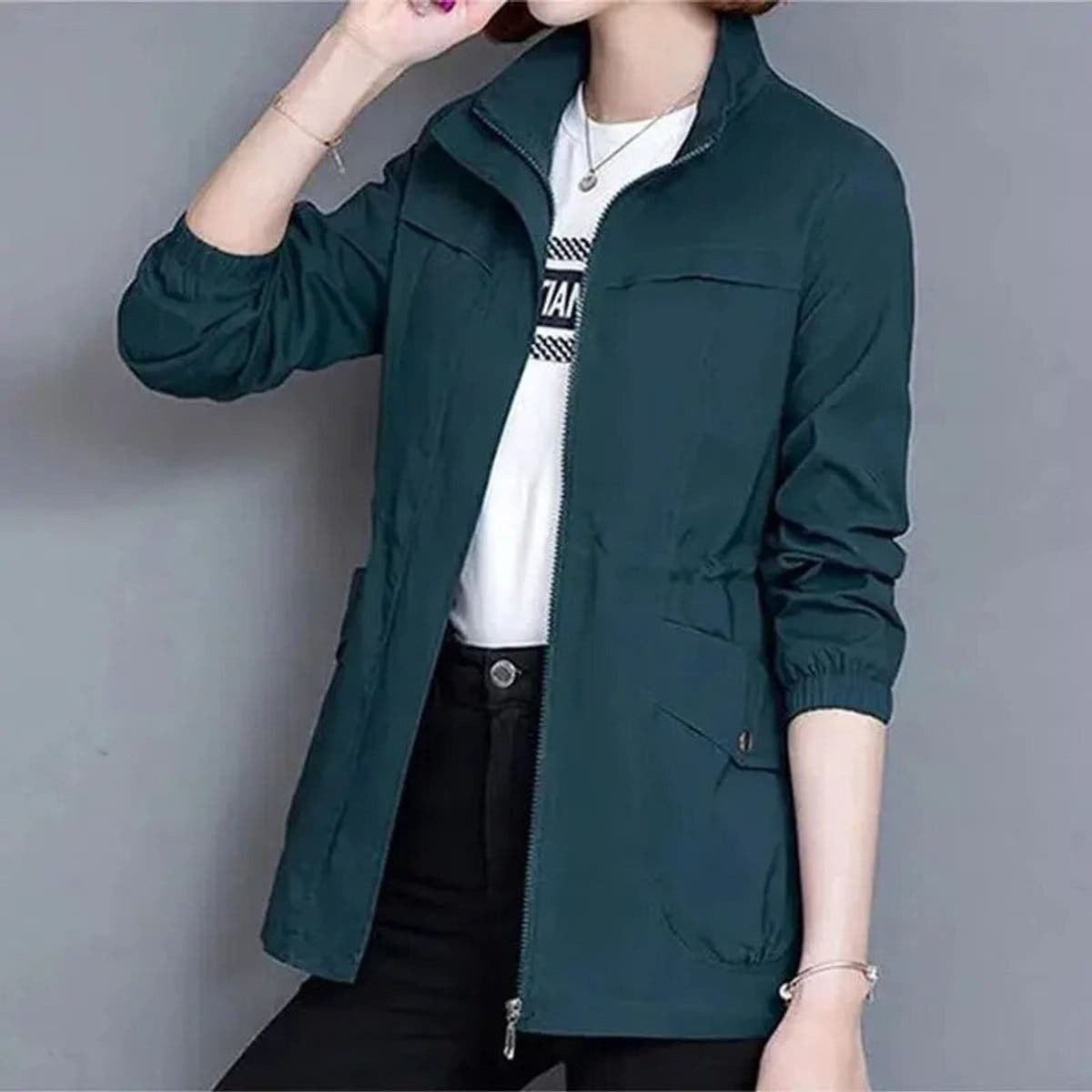 Eleanor Women's Lightweight Zip-Up Short Bomber Jacket Drawstring Waist - Nora & Rose Maine, view 6