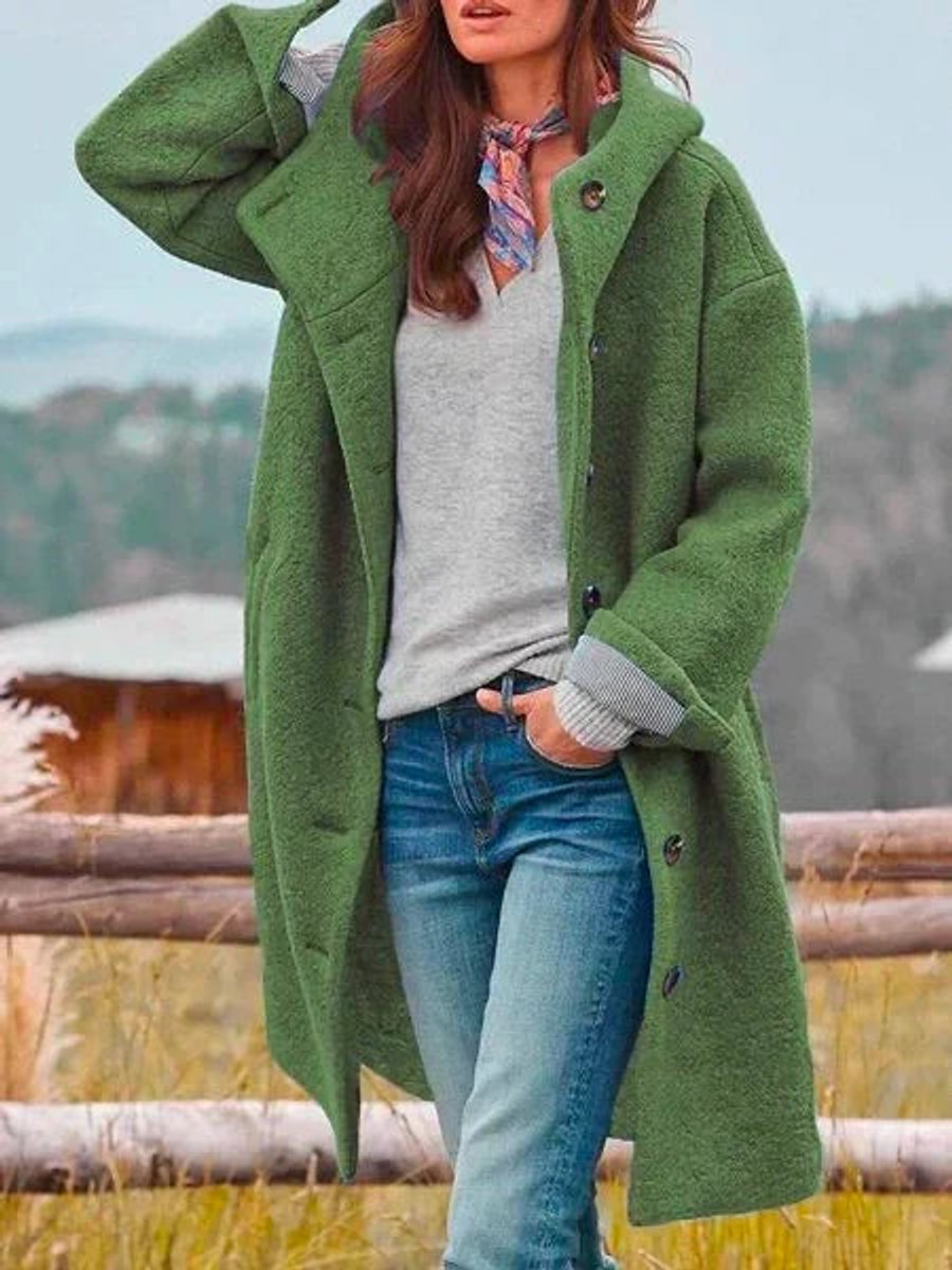 Victoria Women's Long Hooded Button-Front Fleece Coat - Nora & Rose Maine, view 2