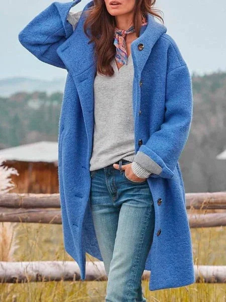 Victoria Women's Long Hooded Button-Front Fleece Coat - Nora & Rose Maine, view 3