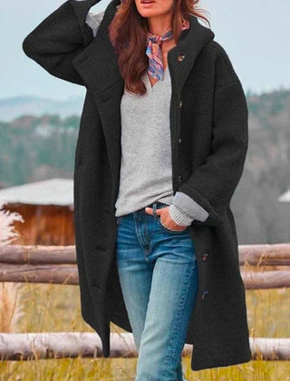 Victoria Women's Long Hooded Button-Front Fleece Coat - Nora & Rose Maine, view 4