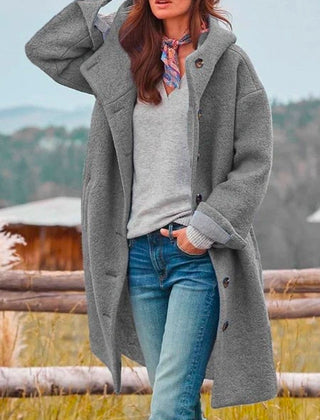 Victoria Women's Long Hooded Button-Front Fleece Coat - Nora & Rose Maine, view 5