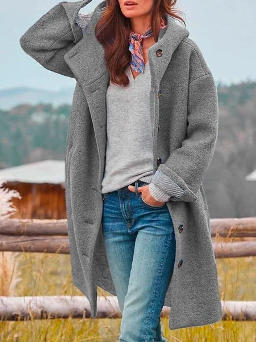 Victoria Women's Long Hooded Button-Front Fleece Coat - Nora & Rose Maine, view 5