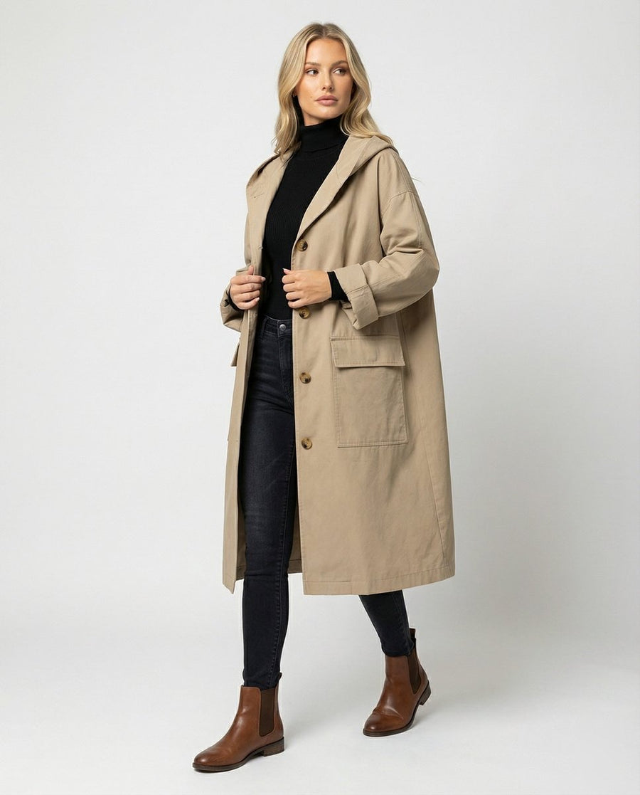 Olivia Women's Long Waterproof Hooded Trench Coat - Nora & Rose Maine