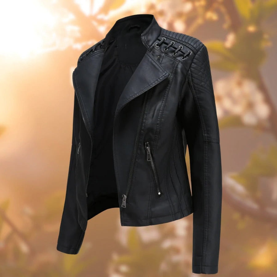 Amelia Women's Moto-Style Zip-Up Faux Leather Biker Jacket - Nora & Rose Maine, view 2