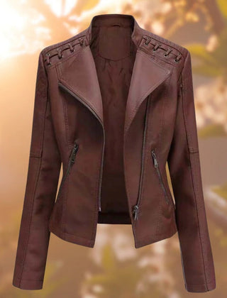 Amelia Women's Moto-Style Zip-Up Faux Leather Biker Jacket - Nora & Rose Maine, view 3