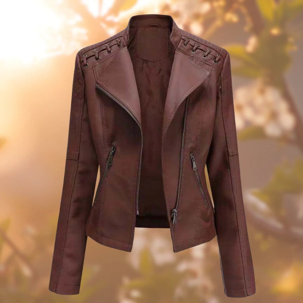 Amelia Women's Moto-Style Zip-Up Faux Leather Biker Jacket - Nora & Rose Maine, view 3