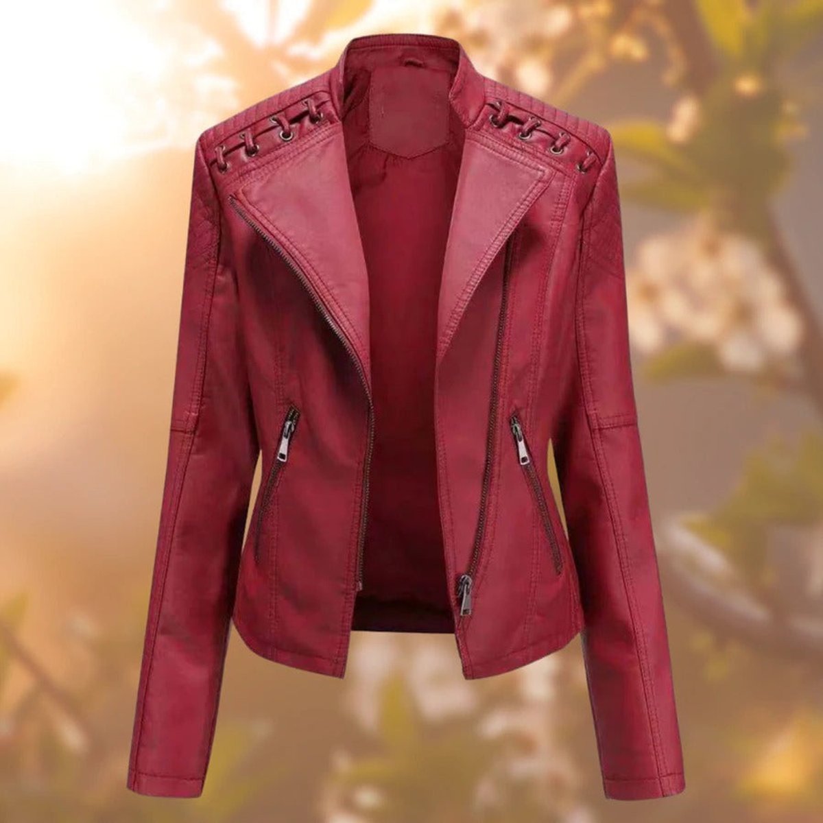 Amelia Women's Moto-Style Zip-Up Faux Leather Biker Jacket - Nora & Rose Maine, view 5