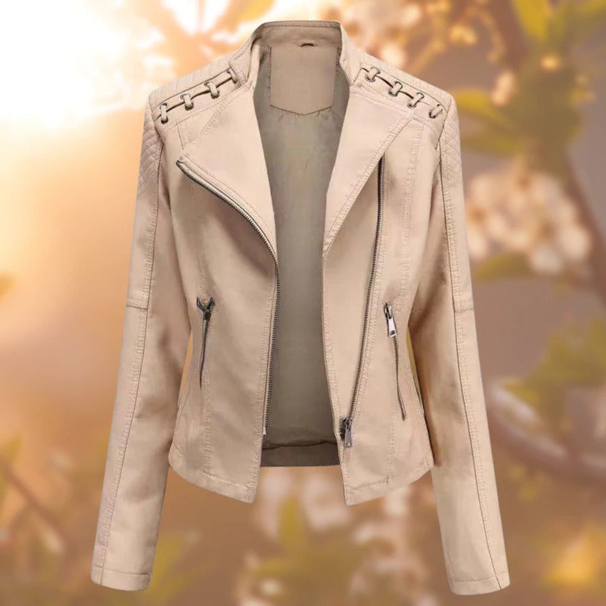 Amelia Women's Moto-Style Zip-Up Faux Leather Biker Jacket - Nora & Rose Maine, view 6