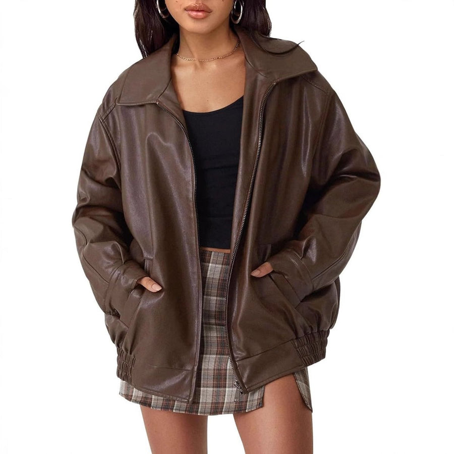 Madison Women's Oversized Faux Leather Bomber Jacket Zip-Up - Nora & Rose Maine