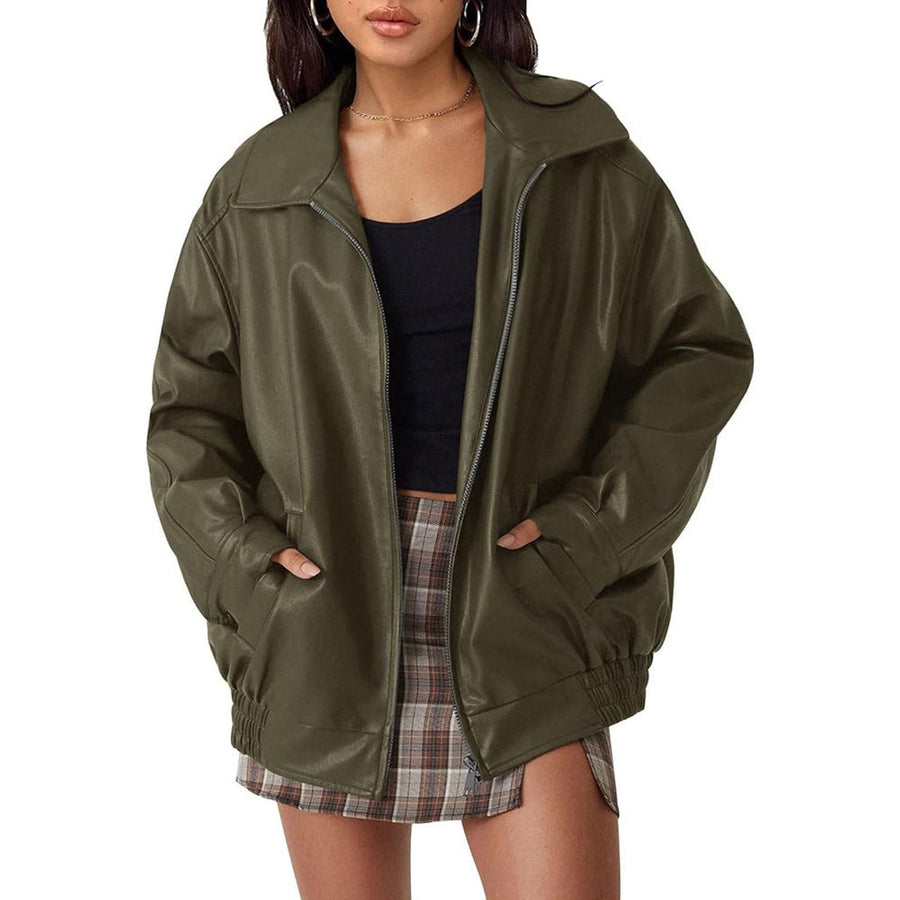 Madison Women's Oversized Faux Leather Bomber Jacket Zip-Up - Nora & Rose Maine, view 2