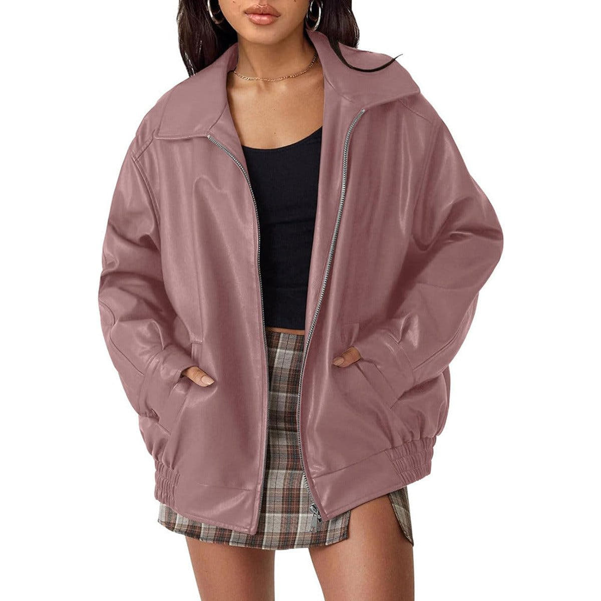 Madison Women's Oversized Faux Leather Bomber Jacket Zip-Up - Nora & Rose Maine, view 3