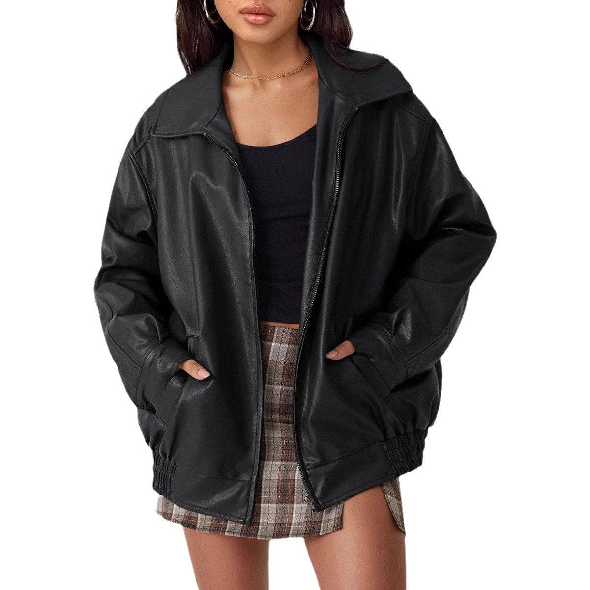Madison Women's Oversized Faux Leather Bomber Jacket Zip-Up - Nora & Rose Maine, view 4