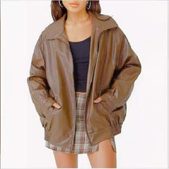 Madison Women's Oversized Faux Leather Bomber Jacket Zip-Up - Nora & Rose Maine, view 5