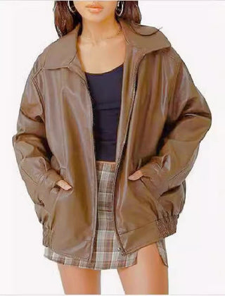 Madison Women's Oversized Faux Leather Bomber Jacket Zip-Up - Nora & Rose Maine, view 5