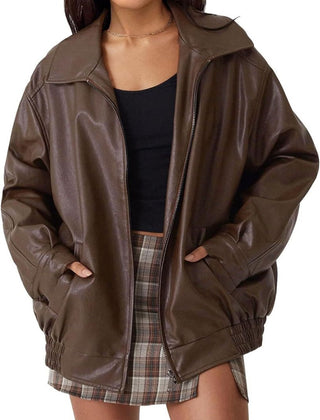 Madison Women's Oversized Faux Leather Bomber Jacket Zip-Up - Nora & Rose Maine, view 6