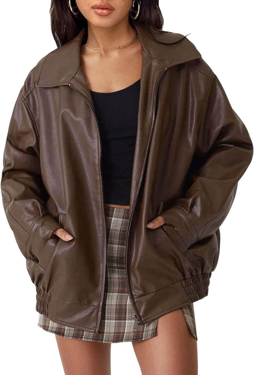 Madison Women's Oversized Faux Leather Bomber Jacket Zip-Up - Nora & Rose Maine, view 6