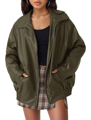 Madison Women's Oversized Faux Leather Bomber Jacket Zip-Up - Nora & Rose Maine, view 7