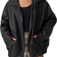 Madison Women's Oversized Faux Leather Bomber Jacket Zip-Up - Nora & Rose Maine, view 9
