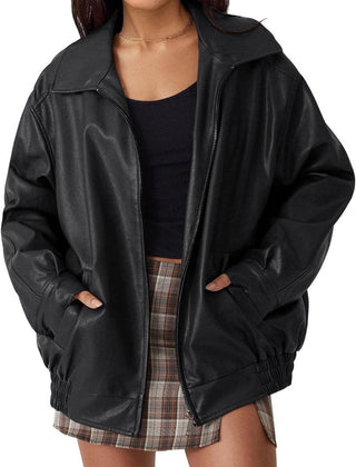 Madison Women's Oversized Faux Leather Bomber Jacket Zip-Up - Nora & Rose Maine, view 9