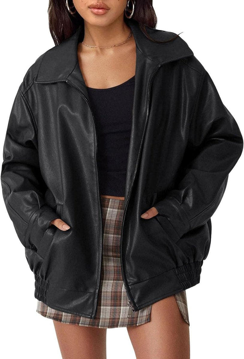 Madison Women's Oversized Faux Leather Bomber Jacket Zip-Up - Nora & Rose Maine, view 9