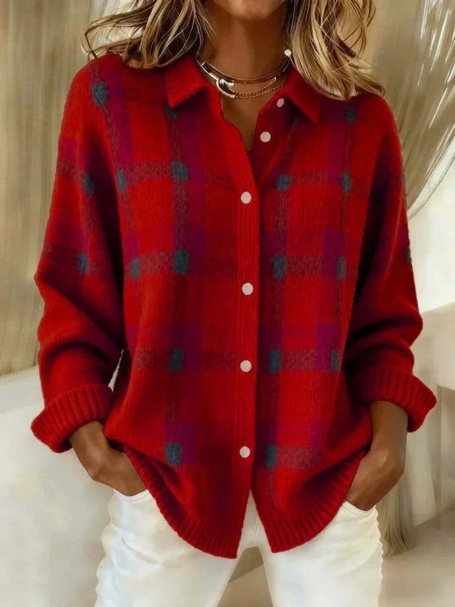 Evelyn Women's Plaid Knit Button-Up Oversized Jacket Cardigan - Nora & Rose Maine, view 2