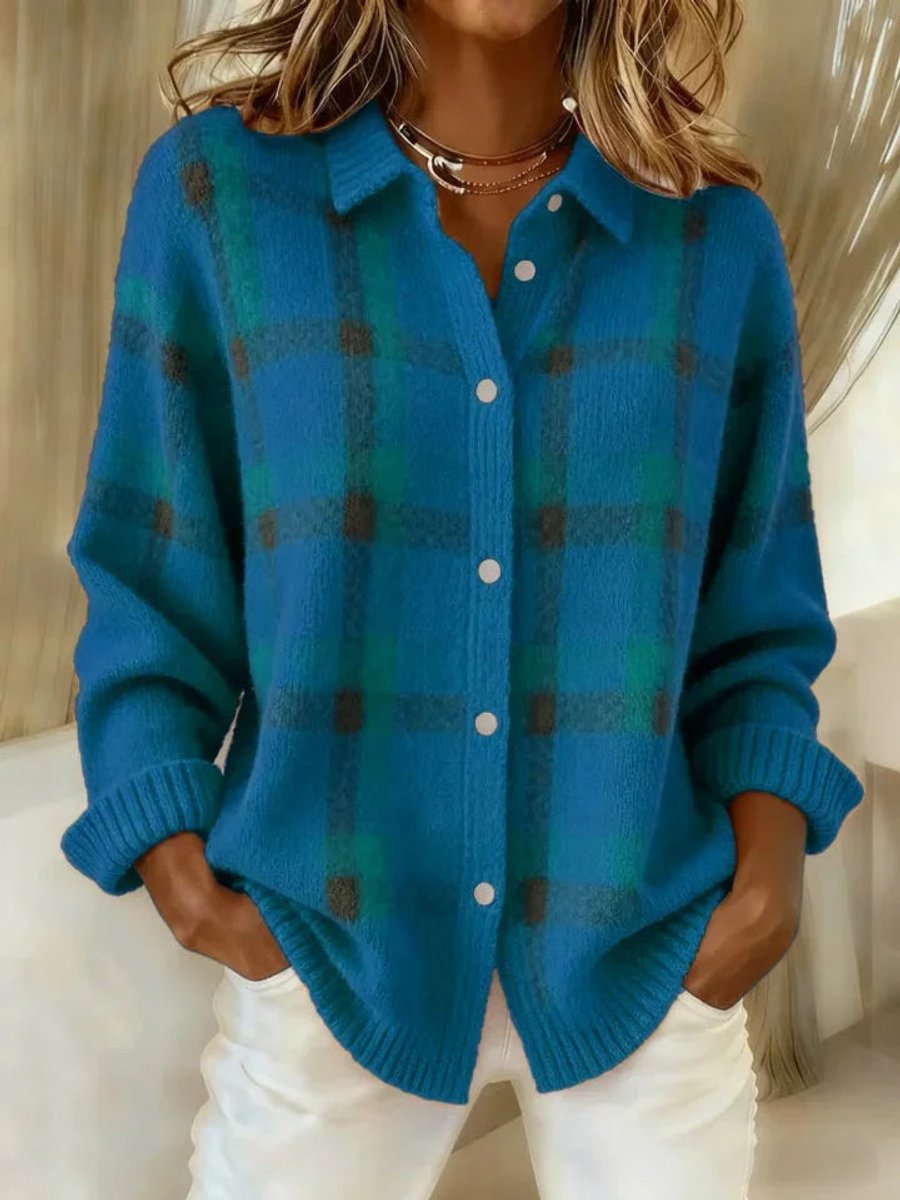 Evelyn Women's Plaid Knit Button-Up Oversized Jacket Cardigan - Nora & Rose Maine, view 4