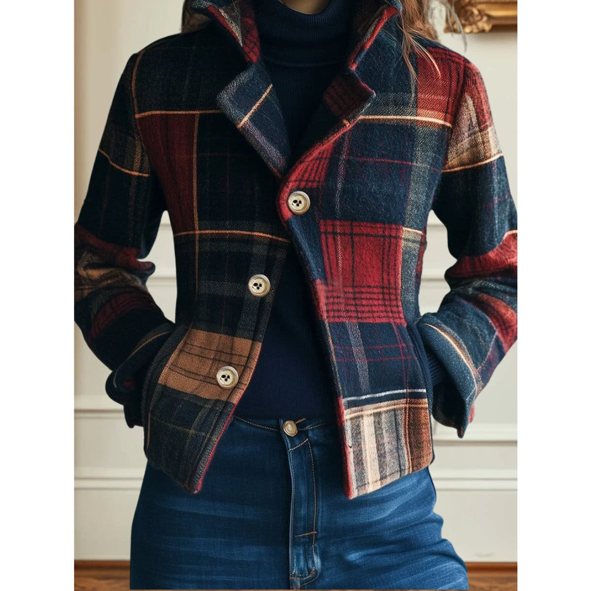 Mia Women's Plaid Patchwork Single-Breasted Soft-Knit Jacket - Nora & Rose Maine