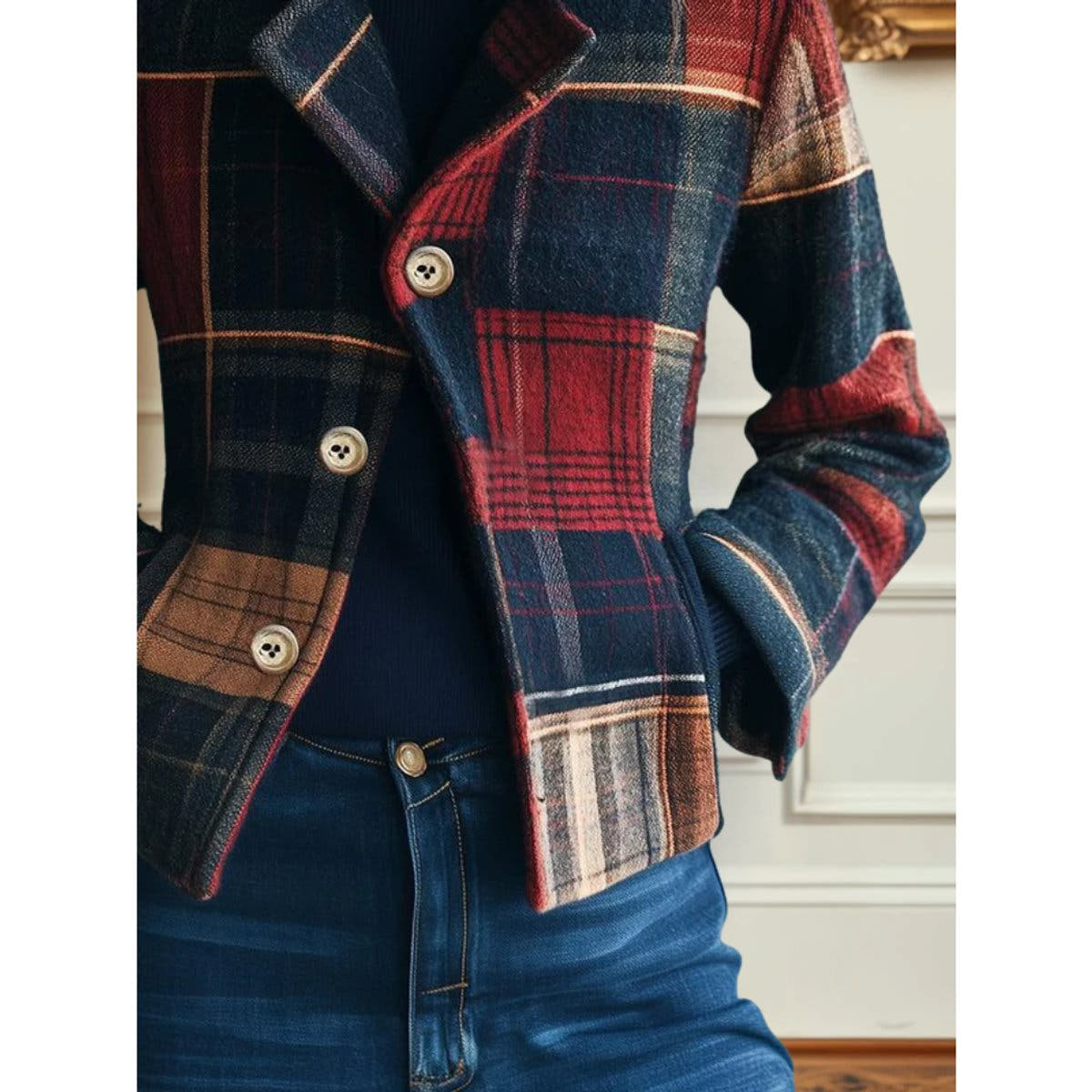 Mia Women's Plaid Patchwork Single-Breasted Soft-Knit Jacket - Nora & Rose Maine, view 3