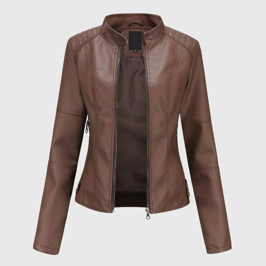Mia Women's Slim-Fit Faux Leather Moto Coat Stand-Collar Zip-Up Jacket - Nora & Rose Maine, view 2