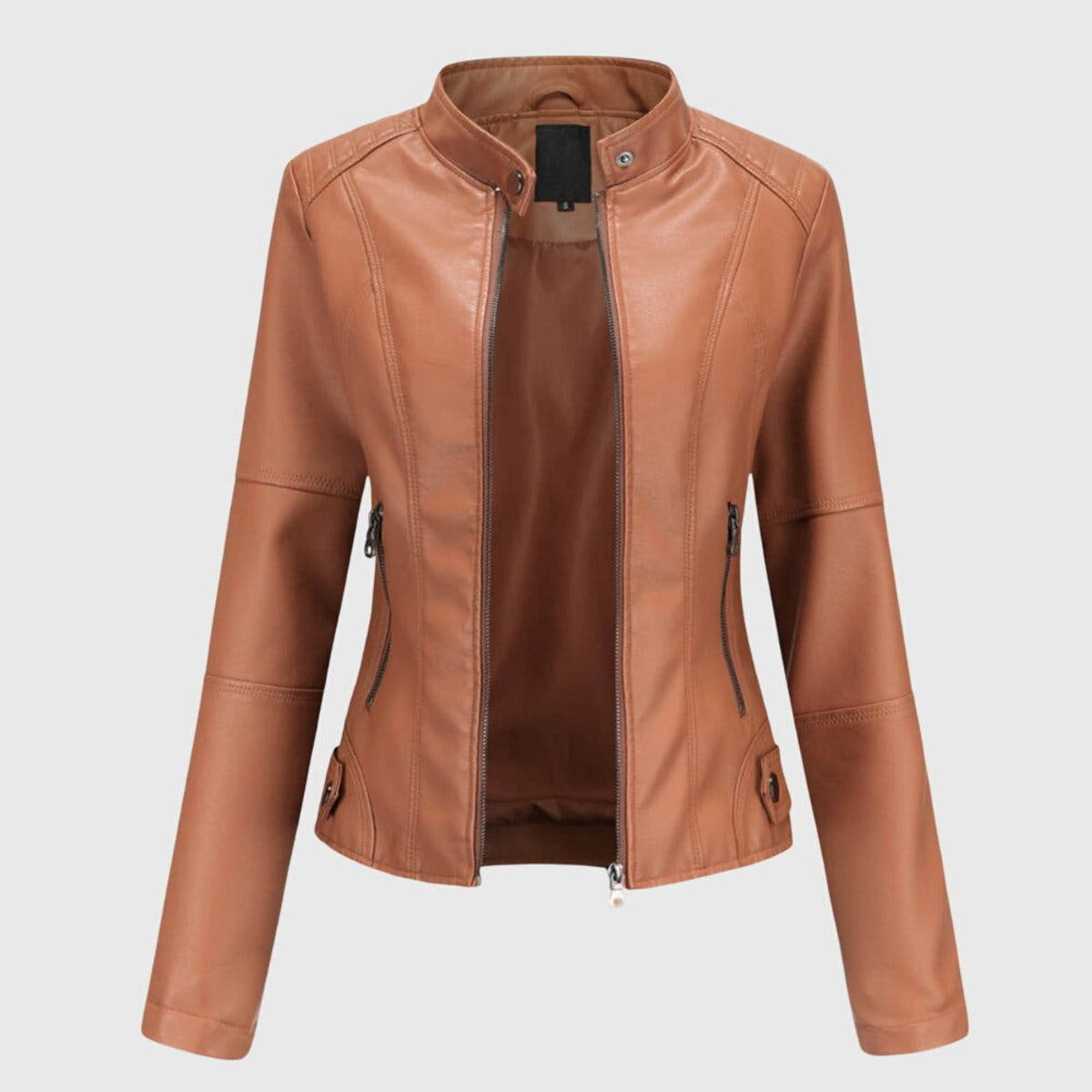 Mia Women's Slim-Fit Faux Leather Moto Coat Stand-Collar Zip-Up Jacket - Nora & Rose Maine, view 3
